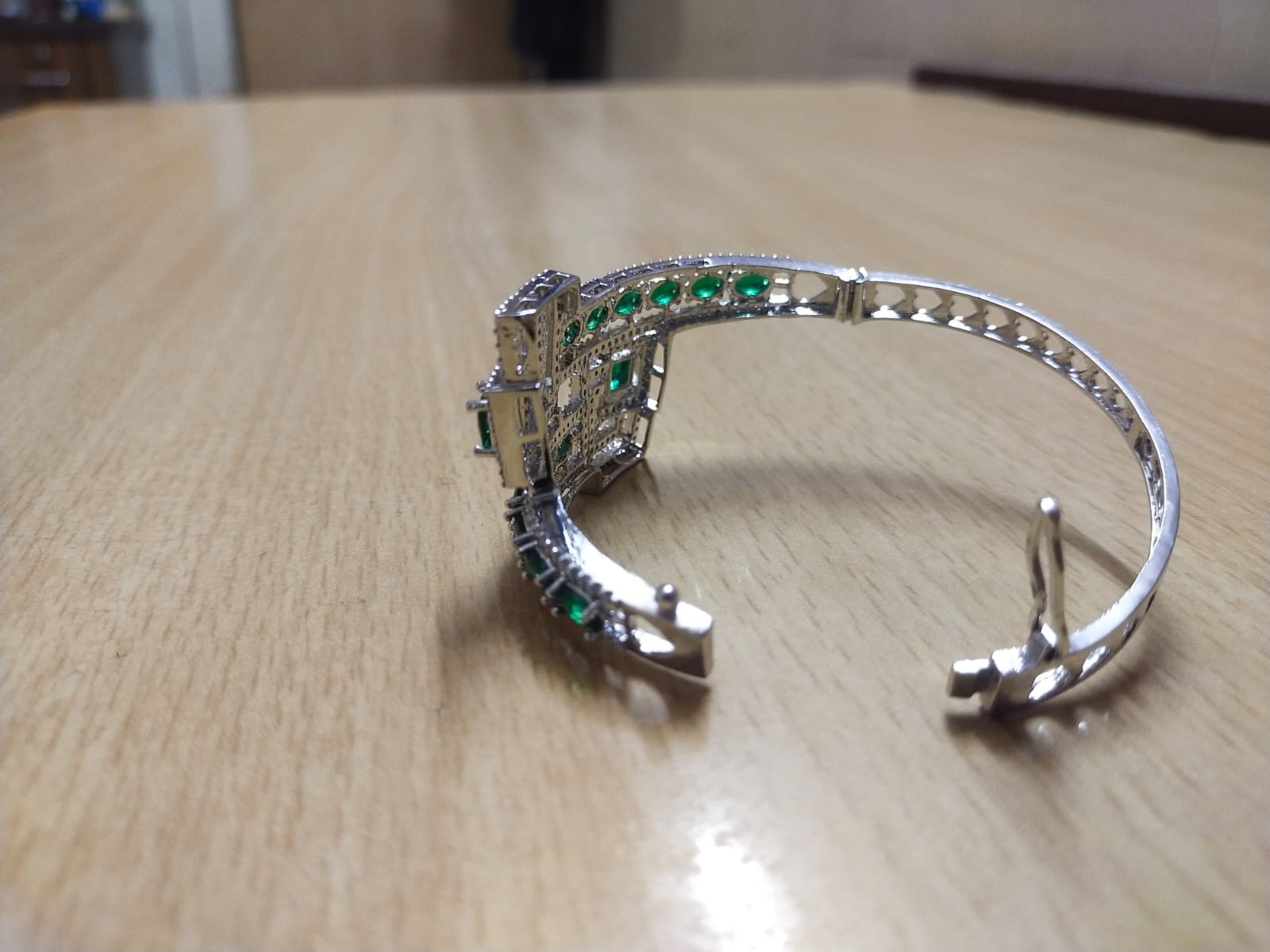 Green Crystal Floral Cuff Bangle White Gold Plated Statement Bracelet for Women