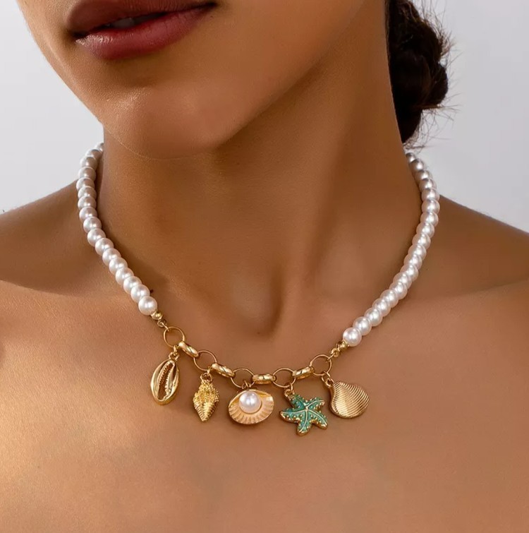 Pearl Necklace Gold Seashell Starfish Charm Choker Boho Beach Women Gift