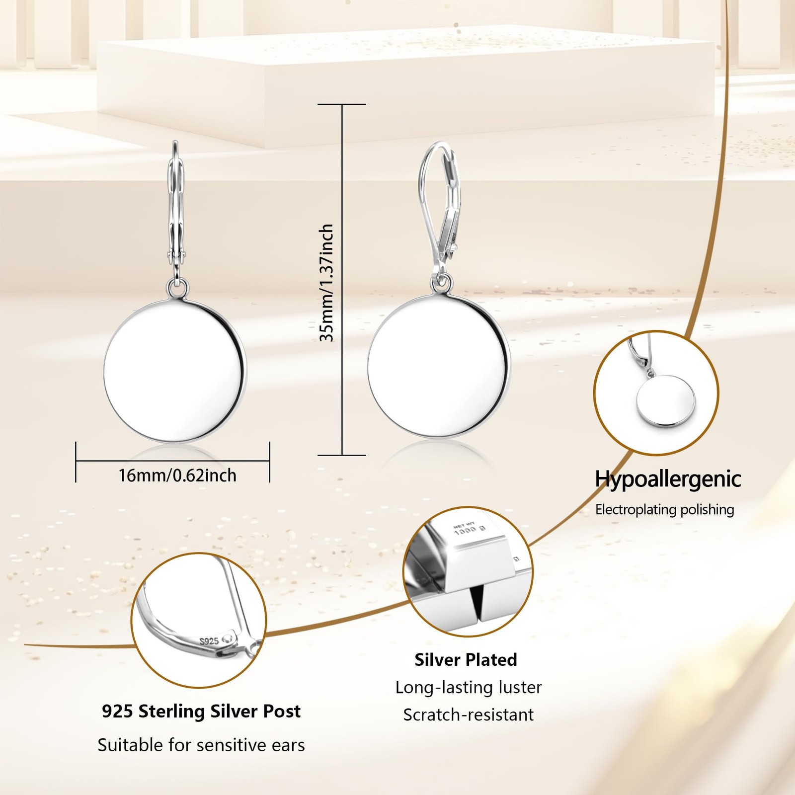 Sterling Silver Disc Dangle Earrings for Women Flat Hypoallergenic Drop Earri…