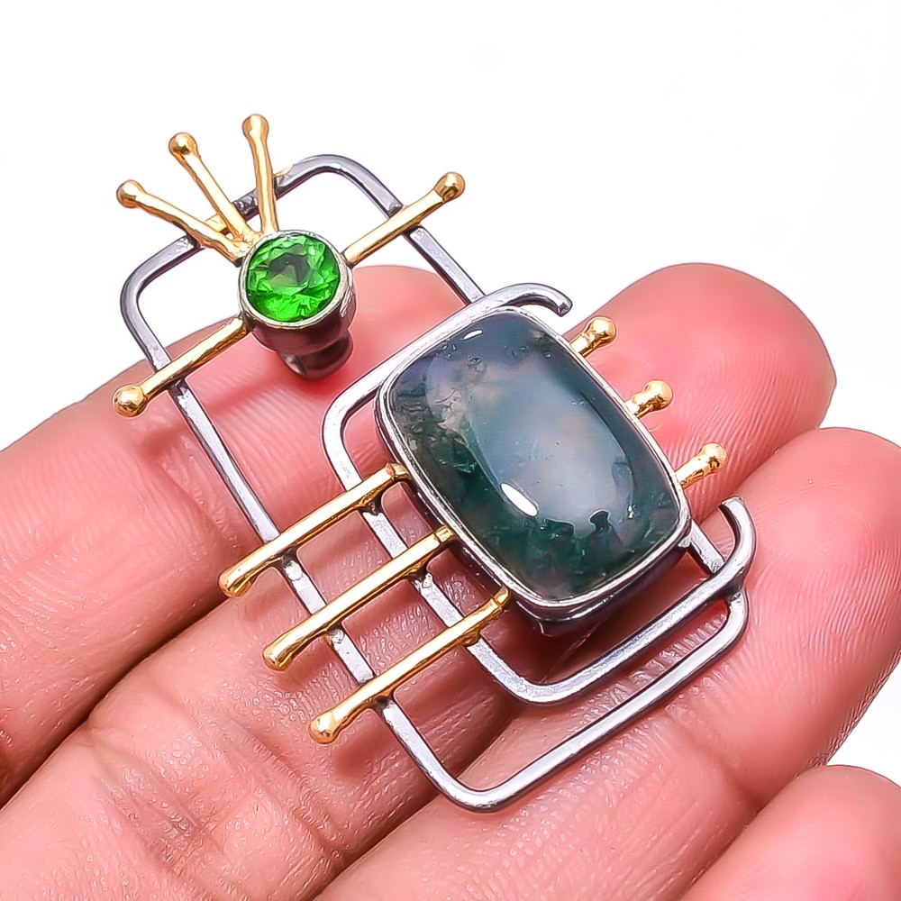 Moss Agate – India Black And Gold Plated 925 Sterling Silver Pendant 1.56″ P5187