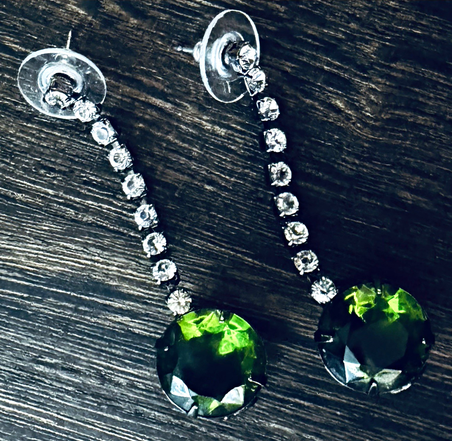 Green Crystal Round Prong Set Dangle Drop Earrings Silver Butterfly Nickel-Free