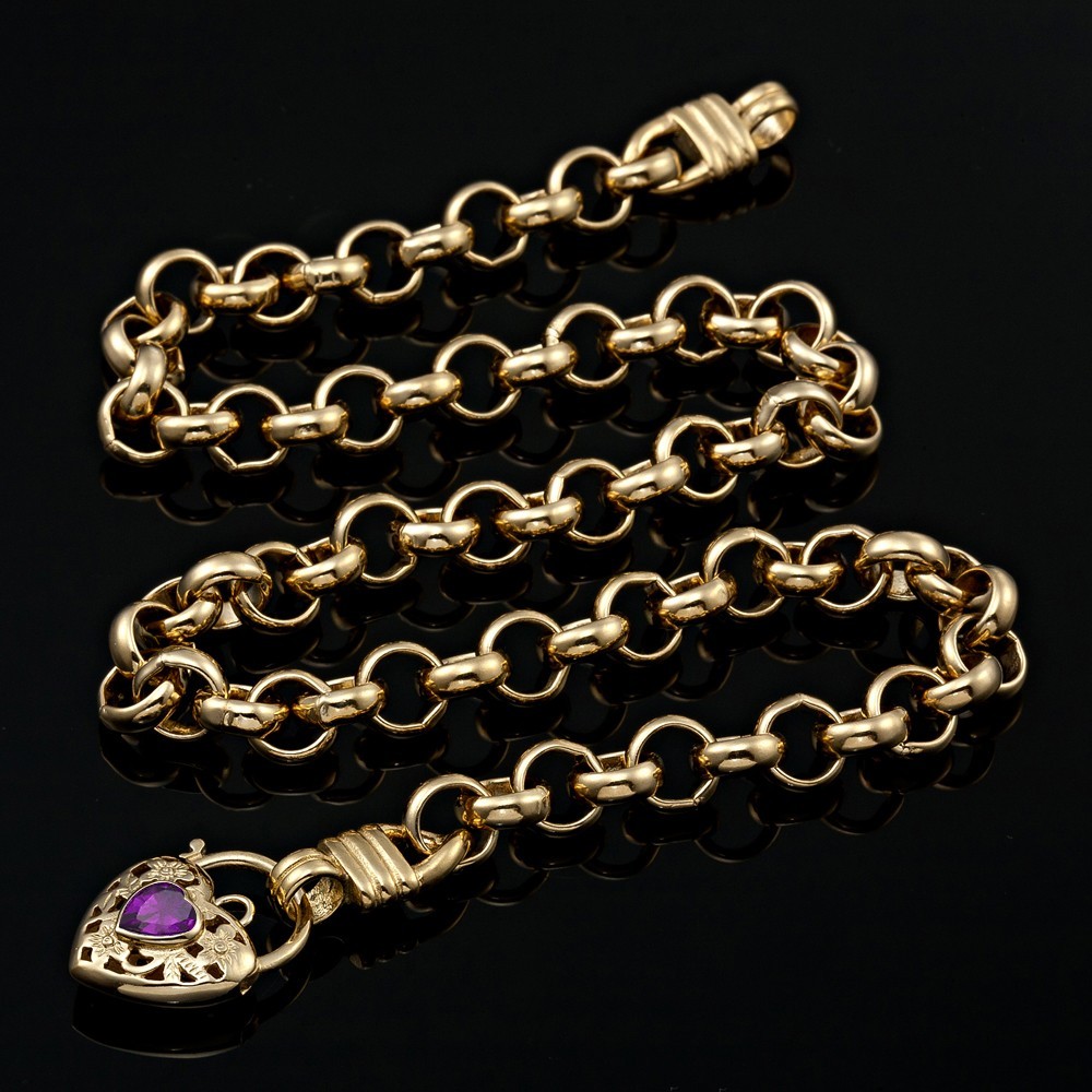 18K GL Thick Belcher Yellow Gold Necklace Filigree Heart Padlock Amethyst Purple