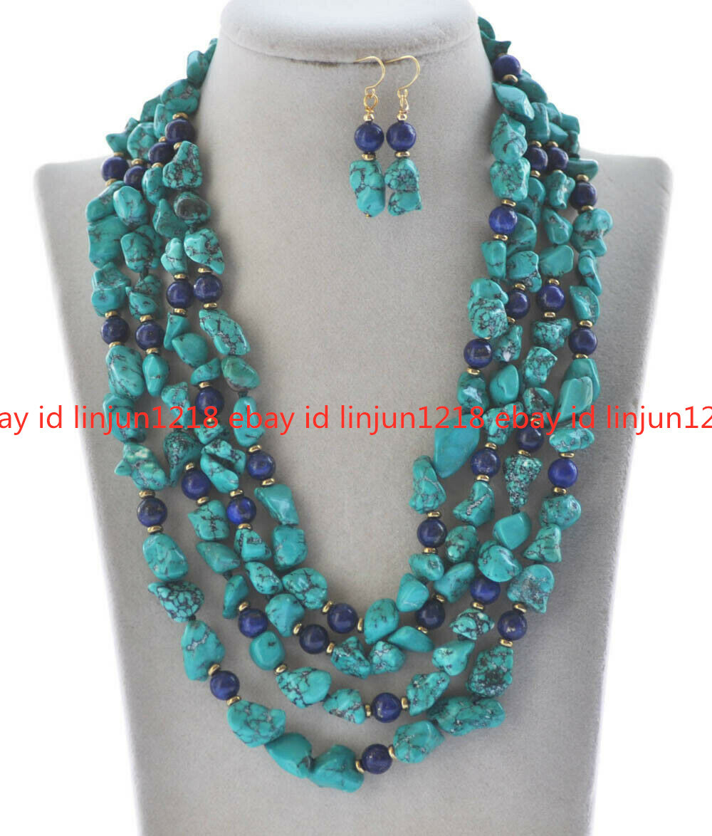 Natural 10x14mm 4Row Green Baroque Turquoise Blue Lapis Lazuli Necklace Earring