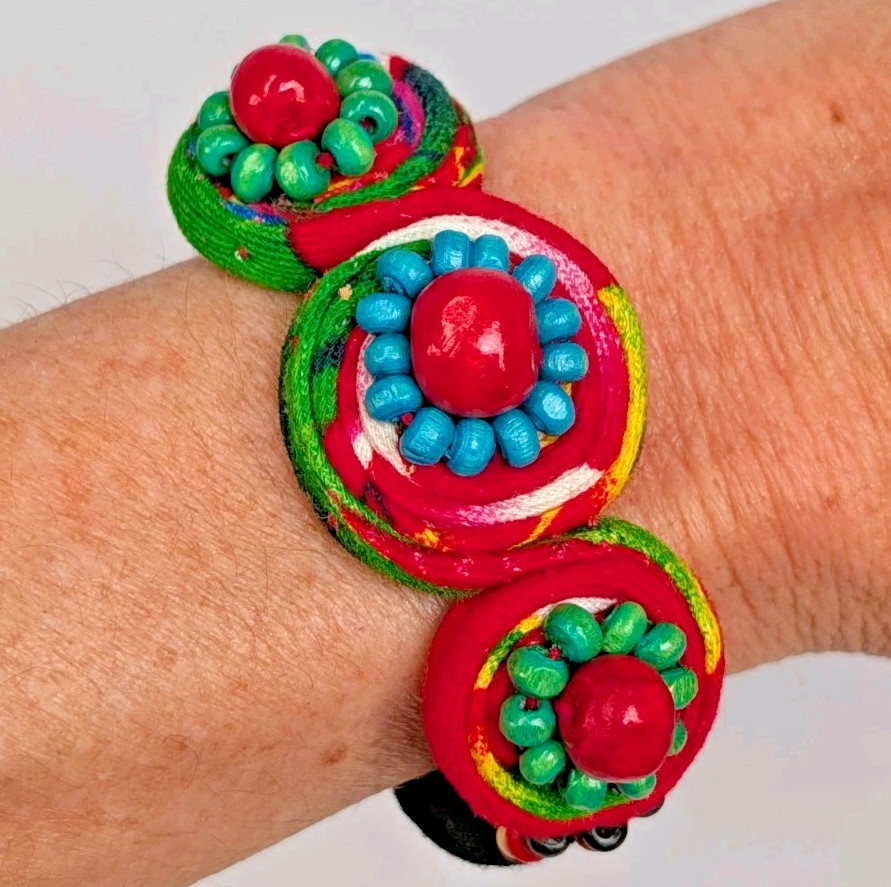 Handmade Bright Colored Fabric Flower Wood Beaded Bracelet W/ Knot Closure 7.5″