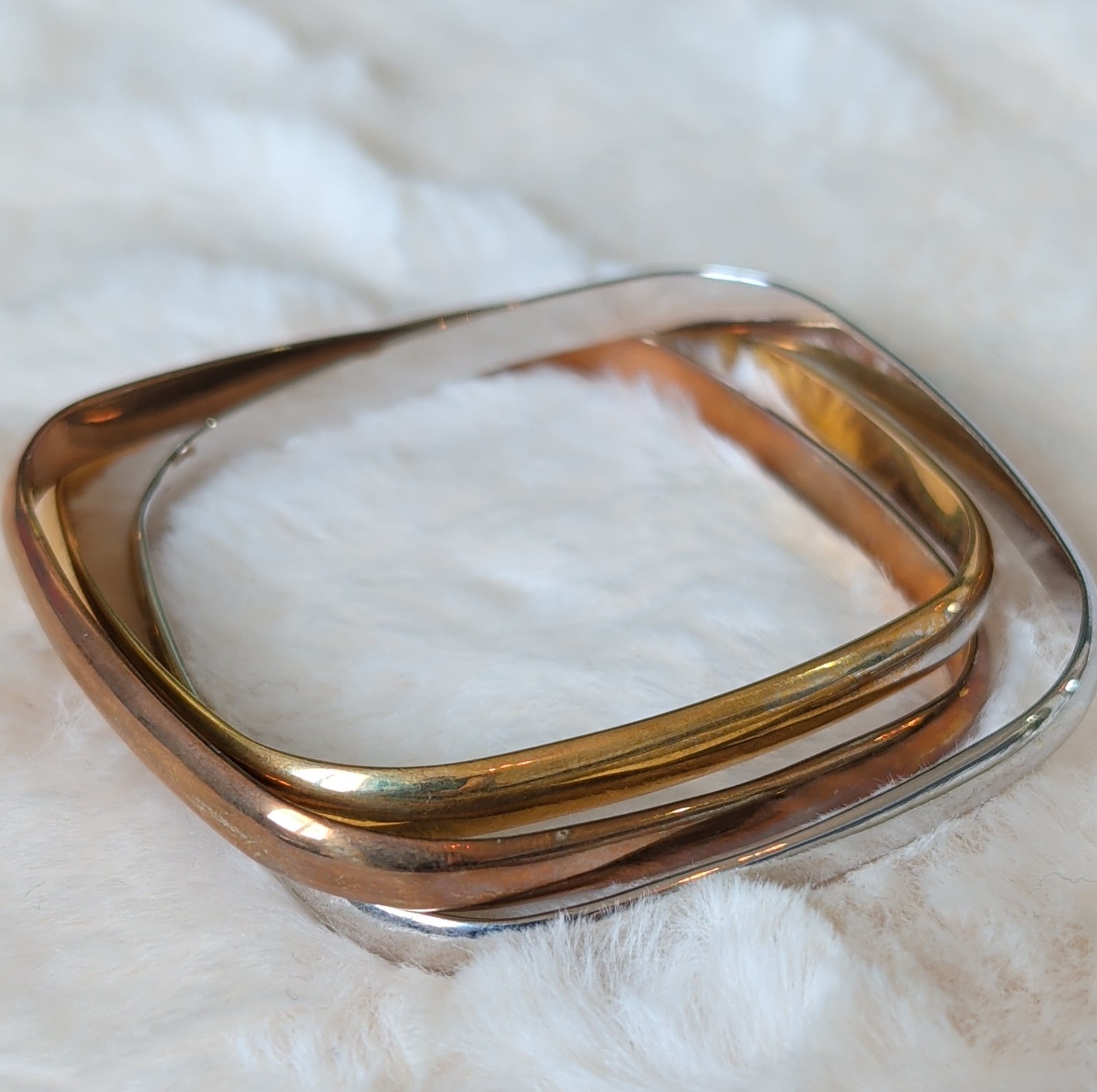 Asymmetrical Gold Silver Bronze Tone Metal Bangle Bracelet Set of 3, 8 inch