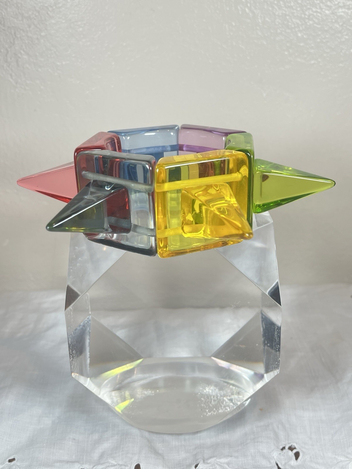 SOBRAL LAGERFELD Signed Rainbow Transparent Spike Cone HUGE Lucite Bracelet
