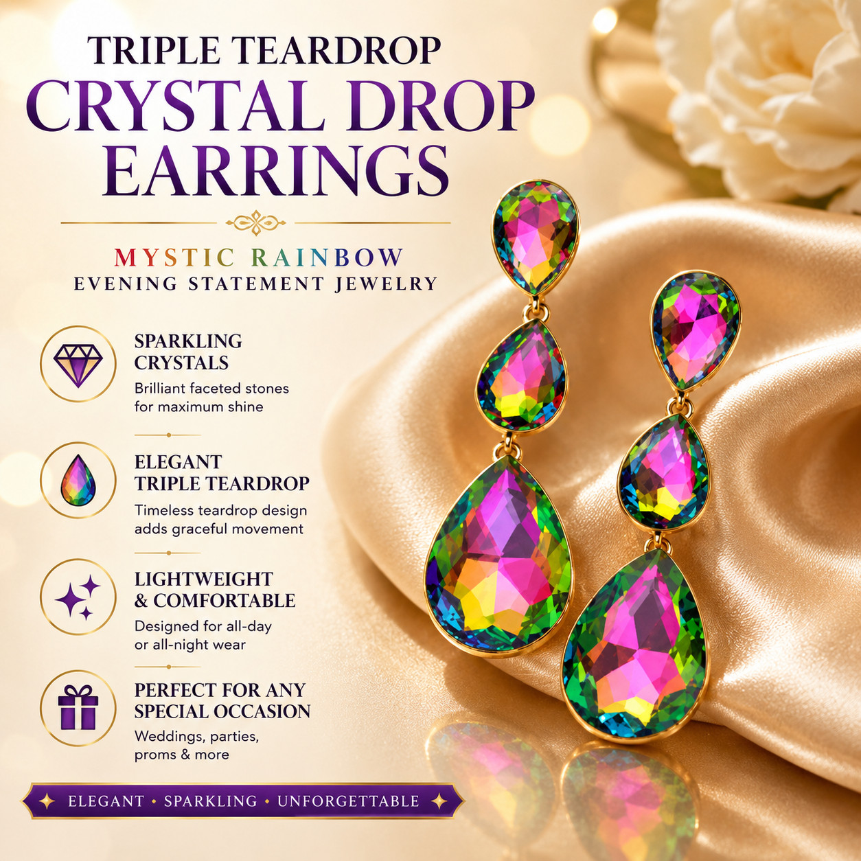 Triple Teardrop Crystal Drop Earrings Mystic Rainbow Statement Jewelry