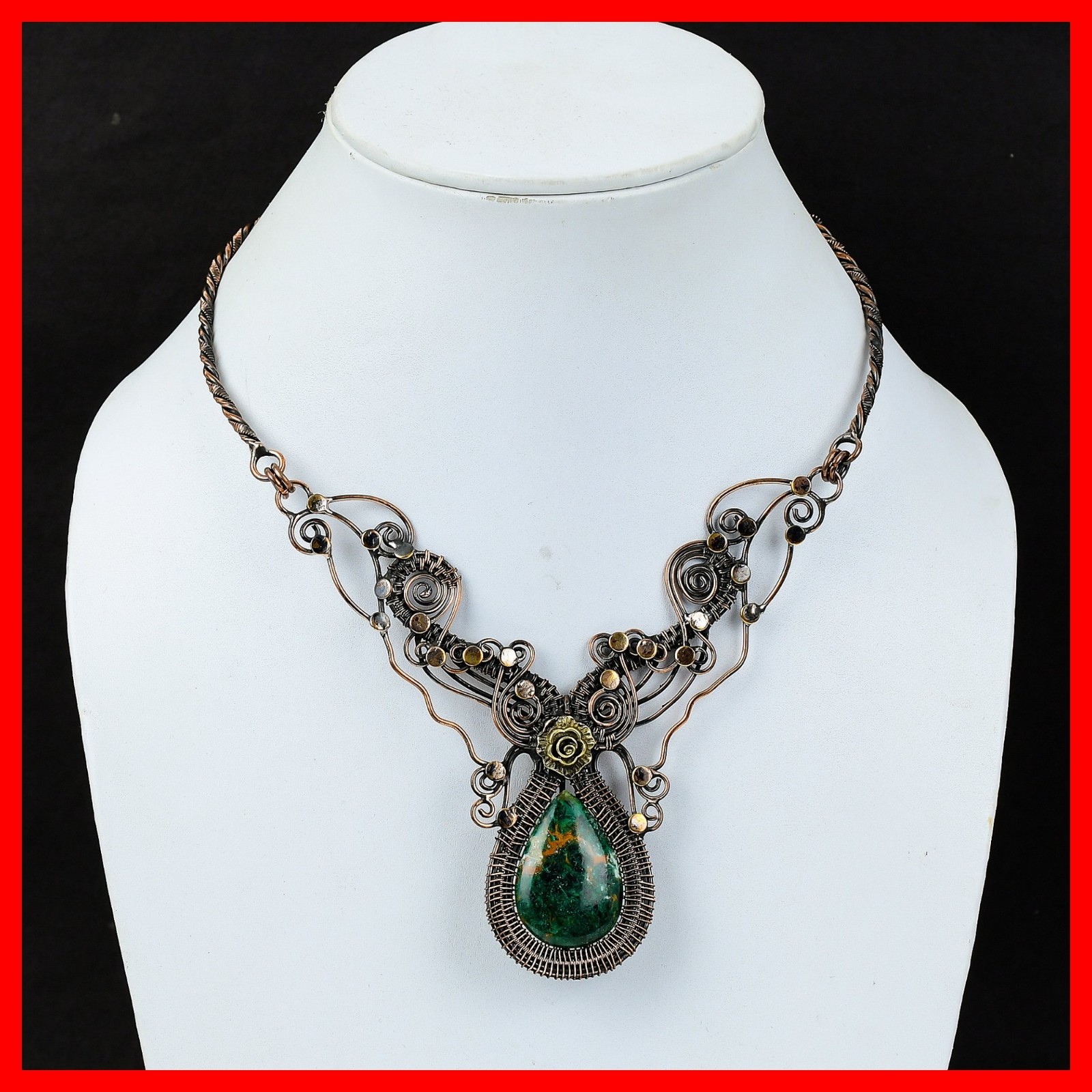 Copper Pear Cuprite Chrysocolla Gemstone New Chain Wire Wrapped Flower Necklace
