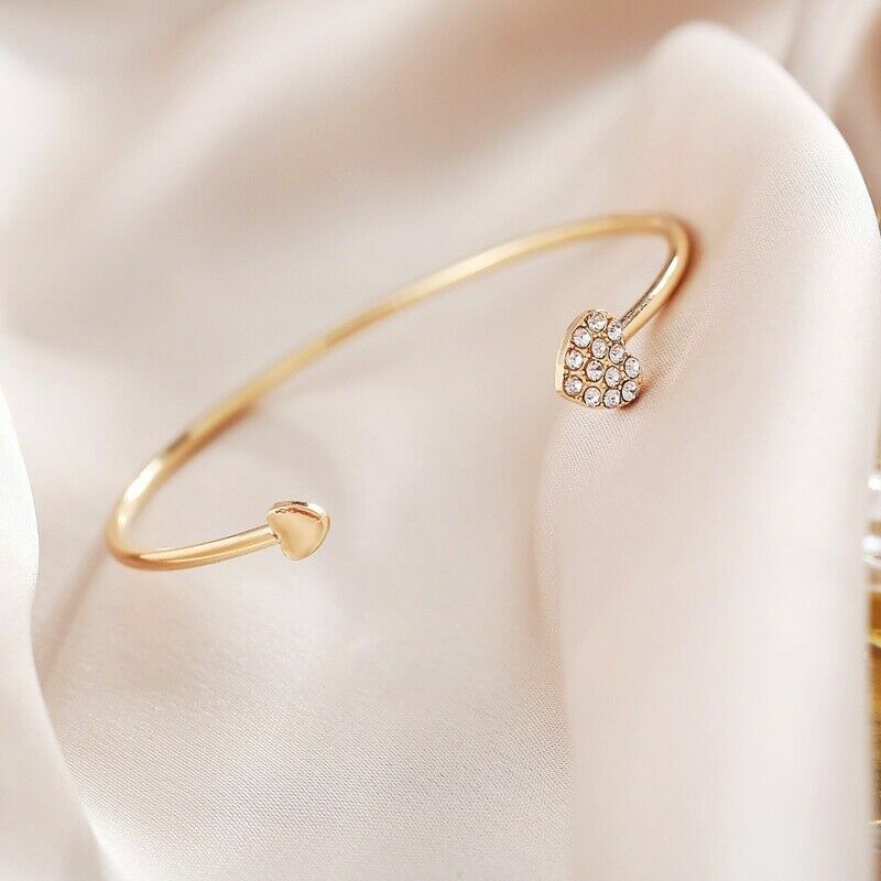 Double Heart Cuff Bracelet-Crystal Charm Open Bangle Women Gold Color Bracelets