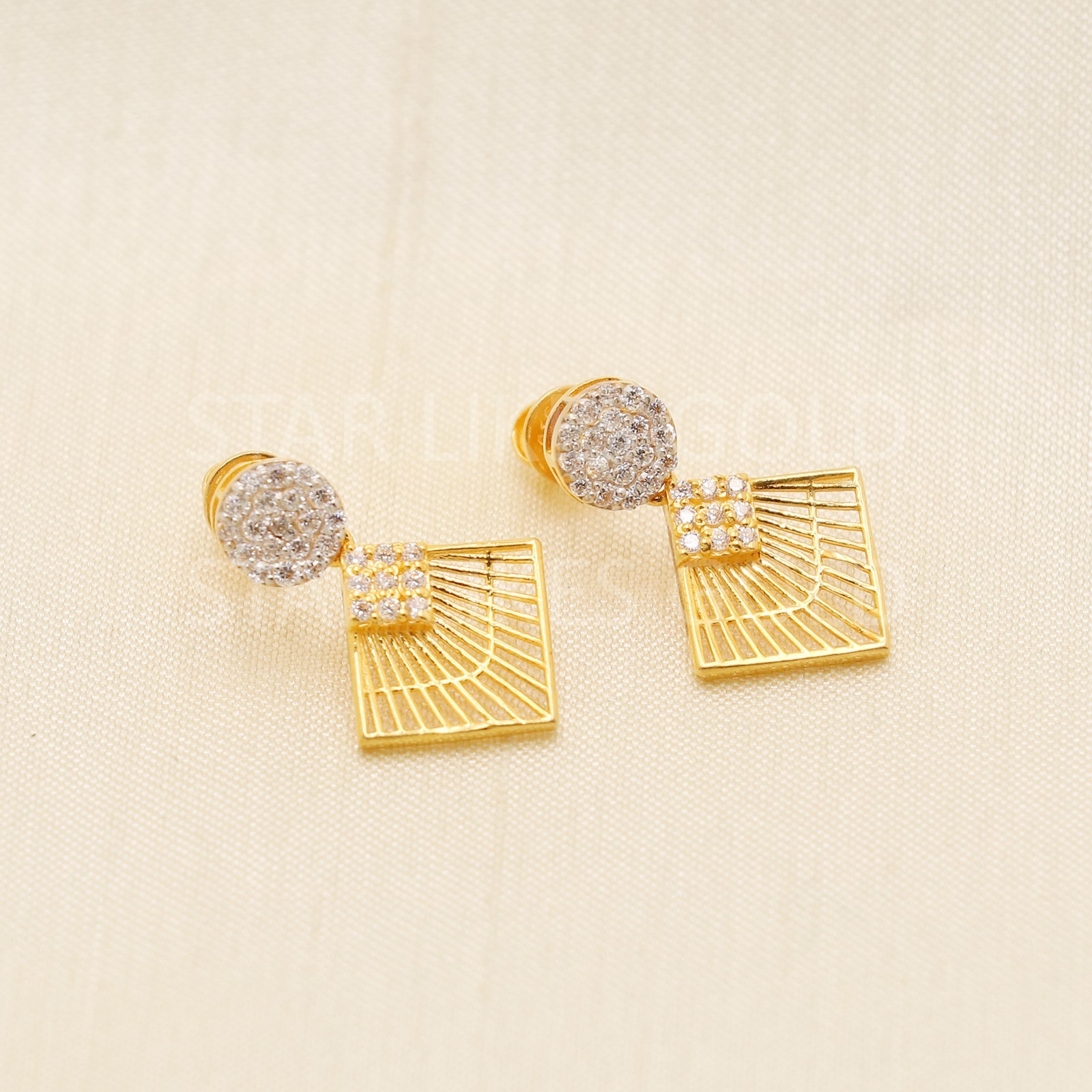 Solid 22k Yellow Gold CZ Geometric Fan Drop Earrings Two-Tone Jali Dangle