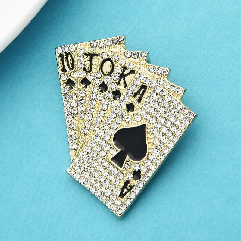 Women Men Sparkling Full Crystal Poker Brooch Unisex Metal Rhinestone Jewelry