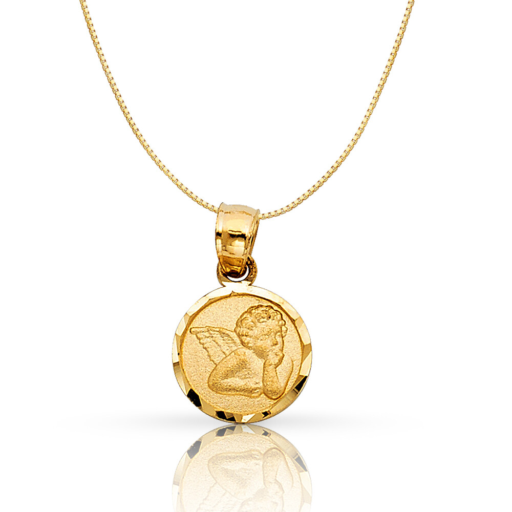 14K Yellow Gold Angel Religious Charm Pendant with 0.6mm Box Chain Necklace