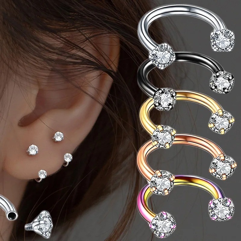 2PCS Stainless Steel Zircon Horseshoe Piercing Ring Nose Ear Belly Jewelry