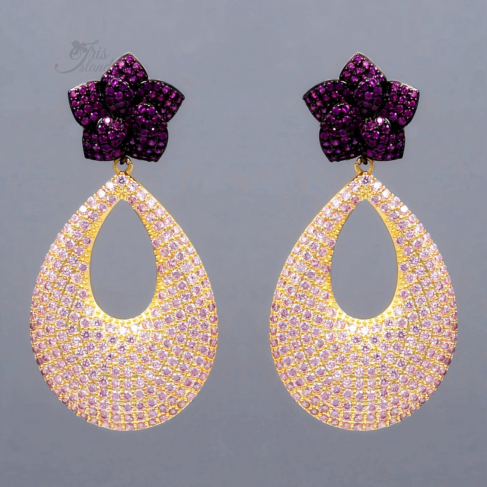 Cubic Zirconia Dangle earrings Gold Plated Black Pink Camellia Flower Women 02
