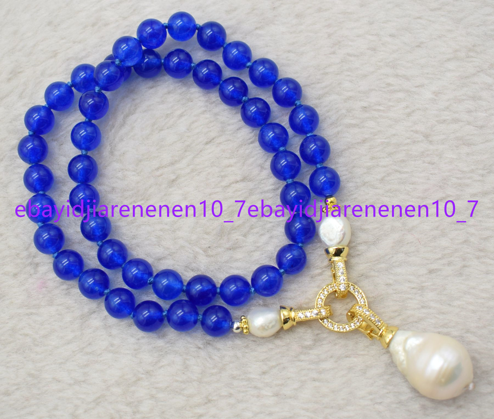 8/10/12mm Mixed Gemstone Round Beads & White Baroque Pearl Pendant Necklace 18in
