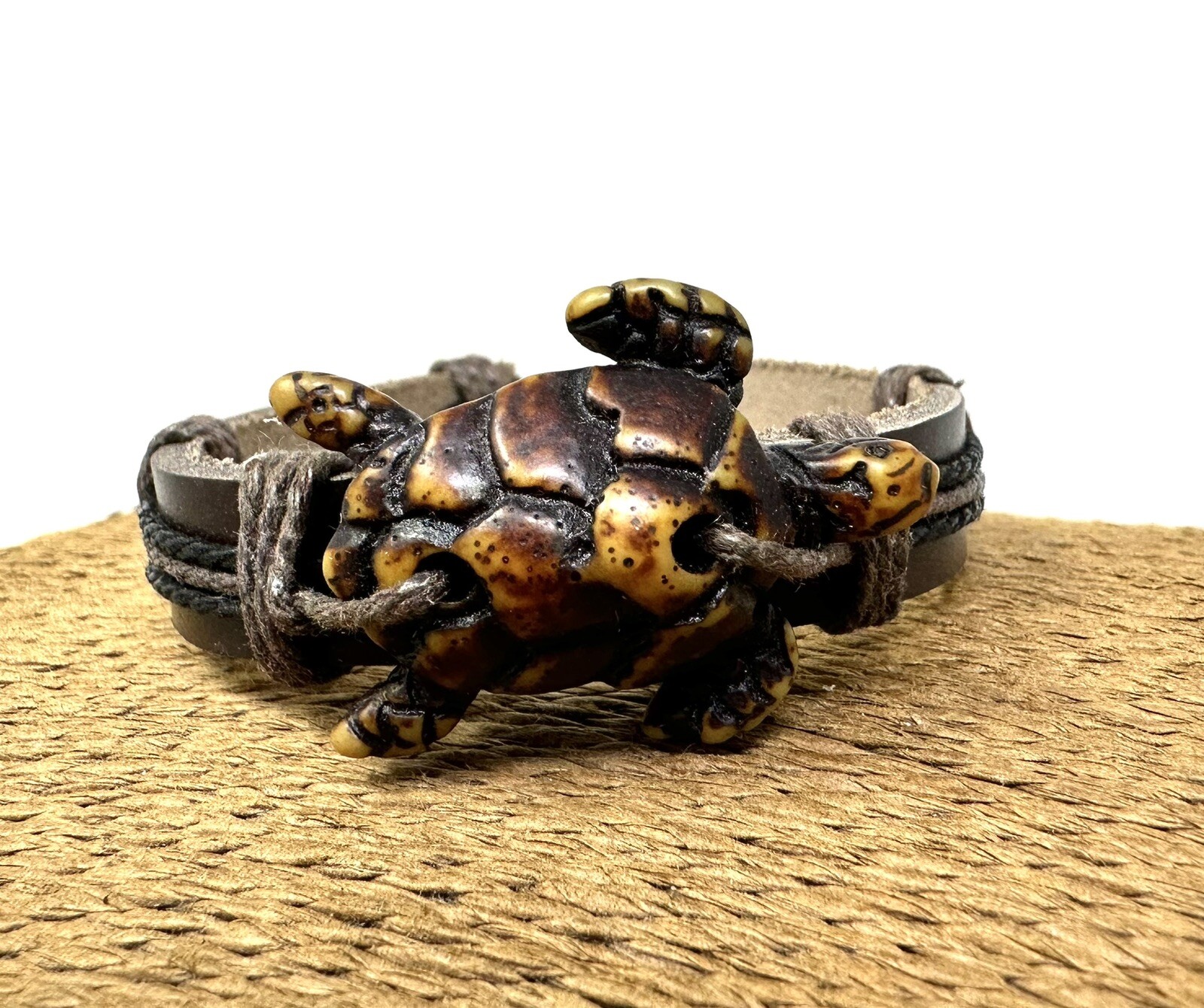 Handcrafted Brown Turtle Bracelet with Adjustable Leather Cord – Unique Jewelry