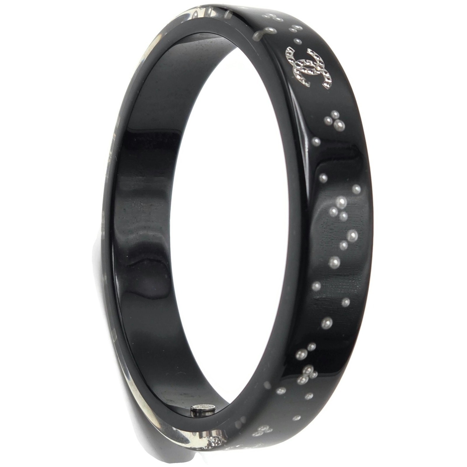 Chanel Black Resin Faux Pearl Crystal CC Logo Details Bangle Bracelet Jewelry