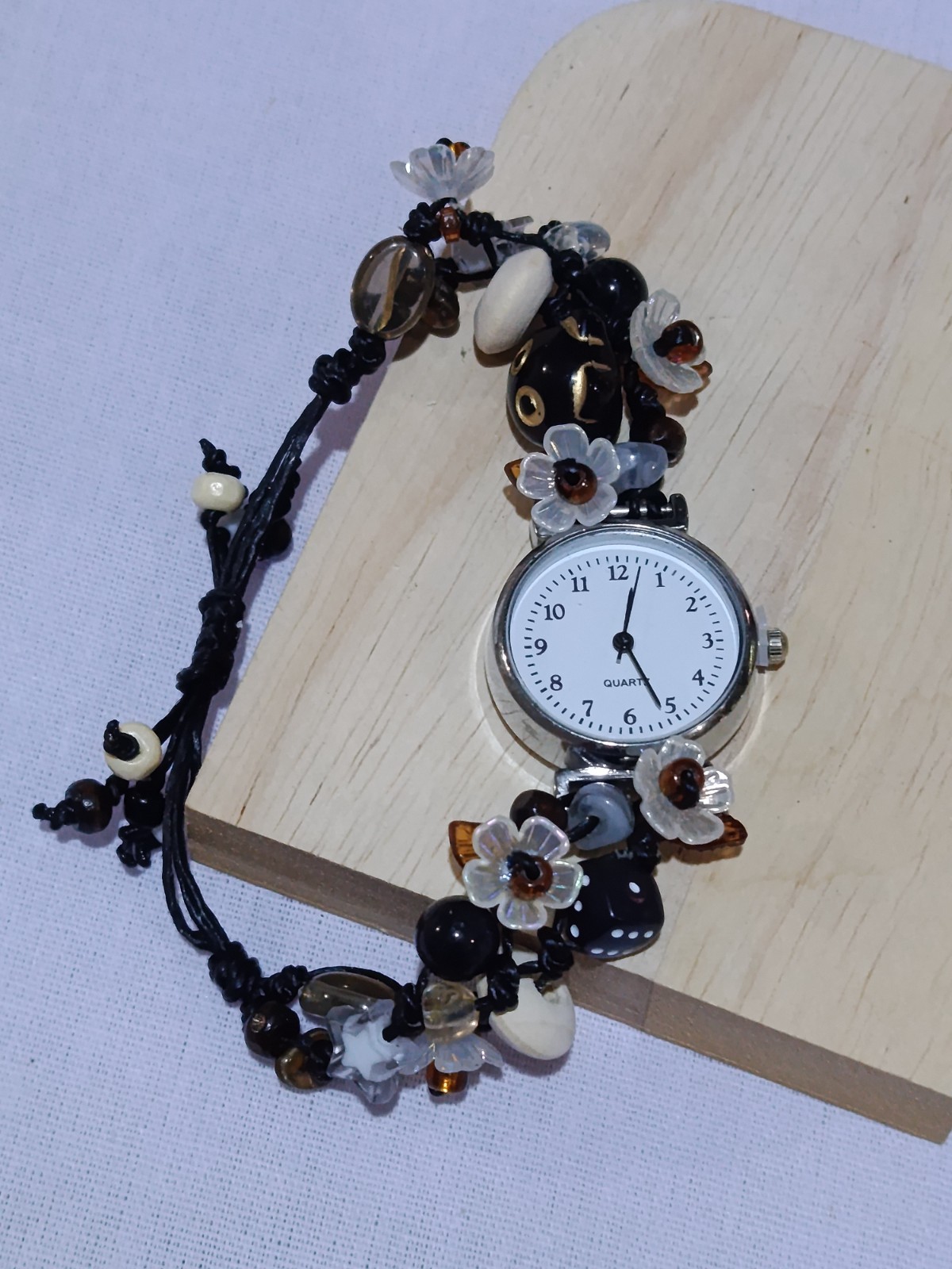 Women’s Watch Bead Waxed Cord Bracelet Handcraft Black Theme