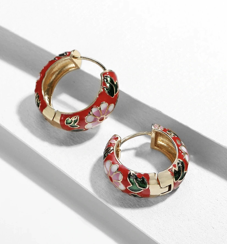 RED Enamel pink Flowers Huggie Hoop Earrings, NEW