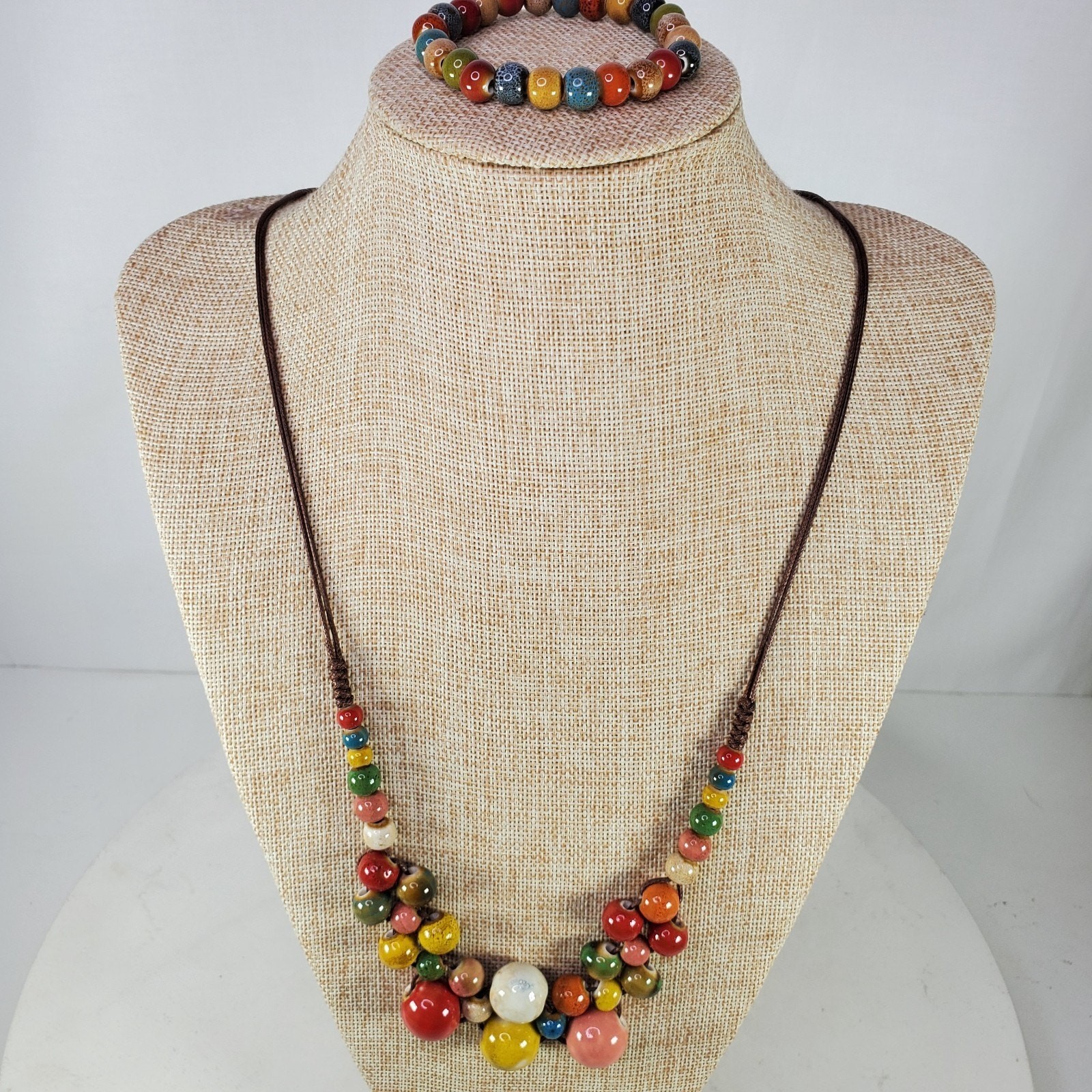 Vintage Ceramic Beaded Necklace Up to 28″ Adjustable w/ Stretchy Bracelet SET