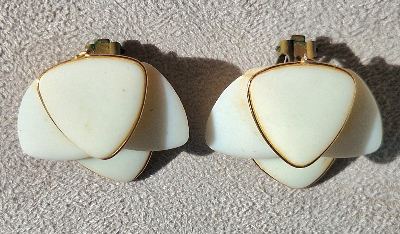 Vintage Mother of Pearl Clip‑On Earrings • Geometric Triangles • Gold Trim