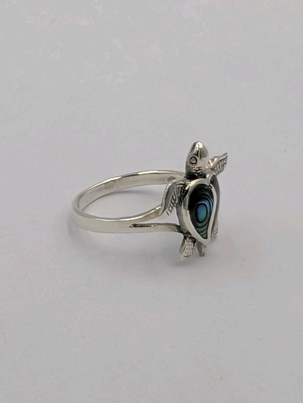 925 Sterling Silver Sea Turtle Split Heart Inlaid Abalone Shell Ring – Sz 7.75