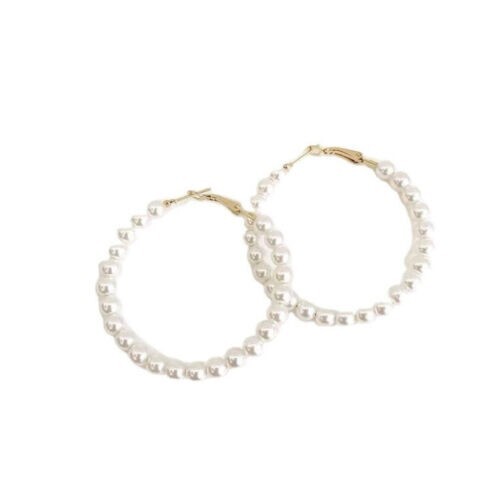 Pretty New Fashion Jewelry Yellow Gold Plated White Pearl 2″ Round Hoop Earrings
