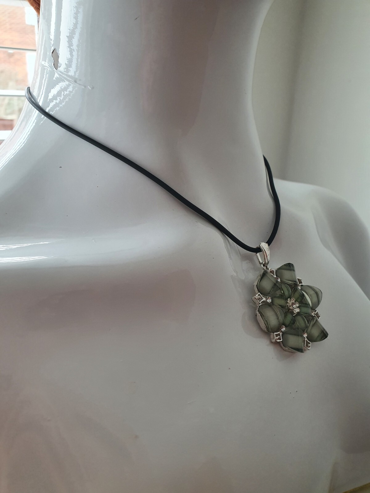 Sparkly Green Floral Clear Rhinestone Sliver Tone Black Cord Pendant Necklace