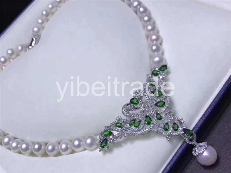 freshwater pearl white near round 10-11mm and green flower crystal 18inch