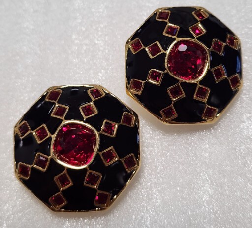 Swarovski Vintage Swan Signed Red Crystal Gold Statement Enamel Earrings A-640