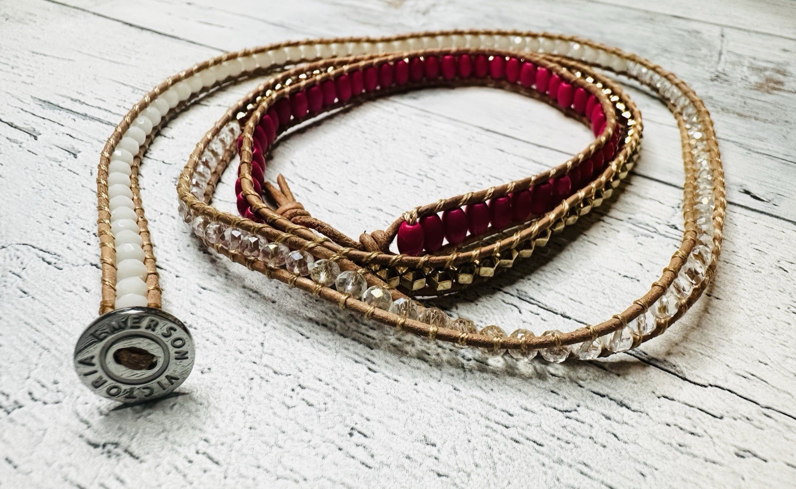 Victoria Emerson Wrap Bracelet Pink White Gold Crystal Leather Spring Colors