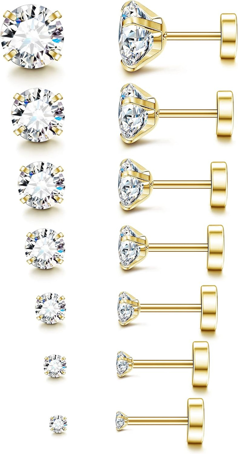 20G Hypoallergenic Flat Back Earrings for Women Men Silver 14K Gold Stainless St