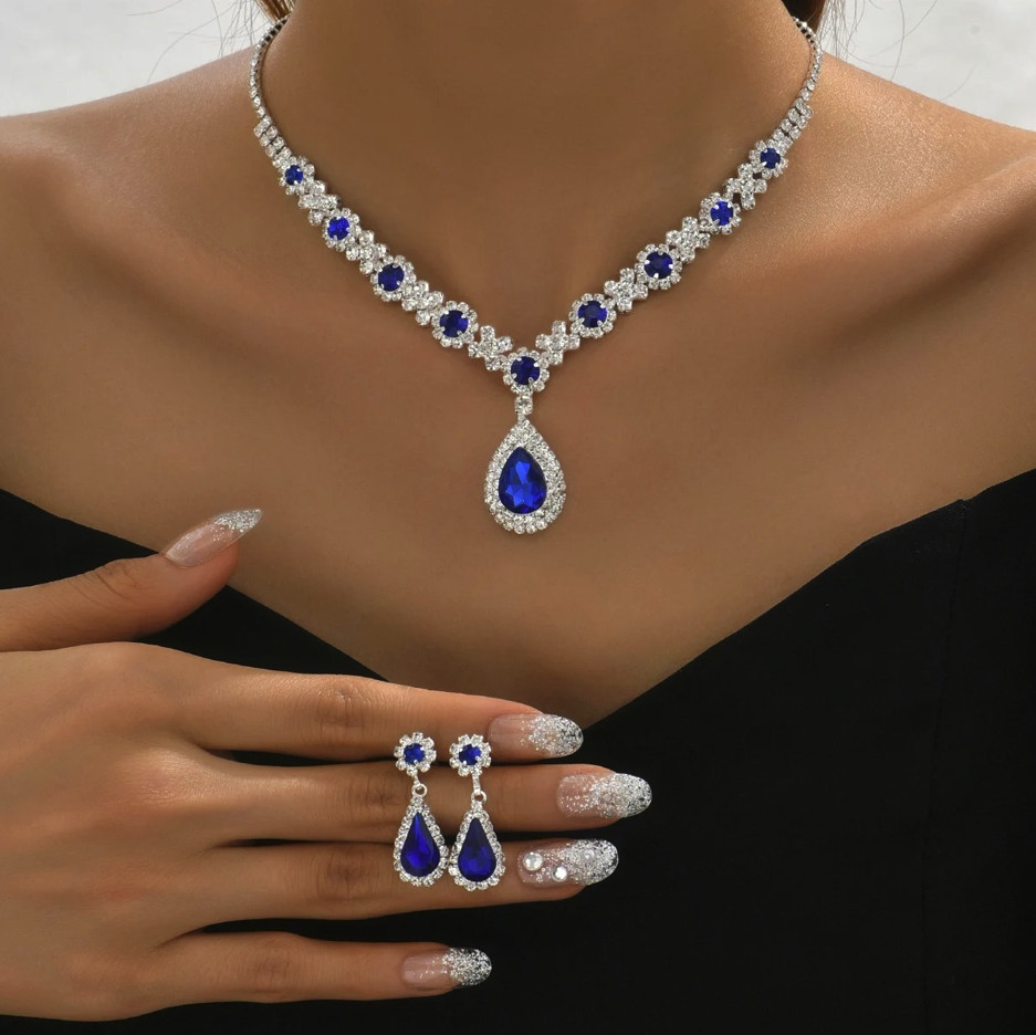 3pcs Crystal Drop Necklace Earrings Jewelry Set Women Wedding Party – NEW