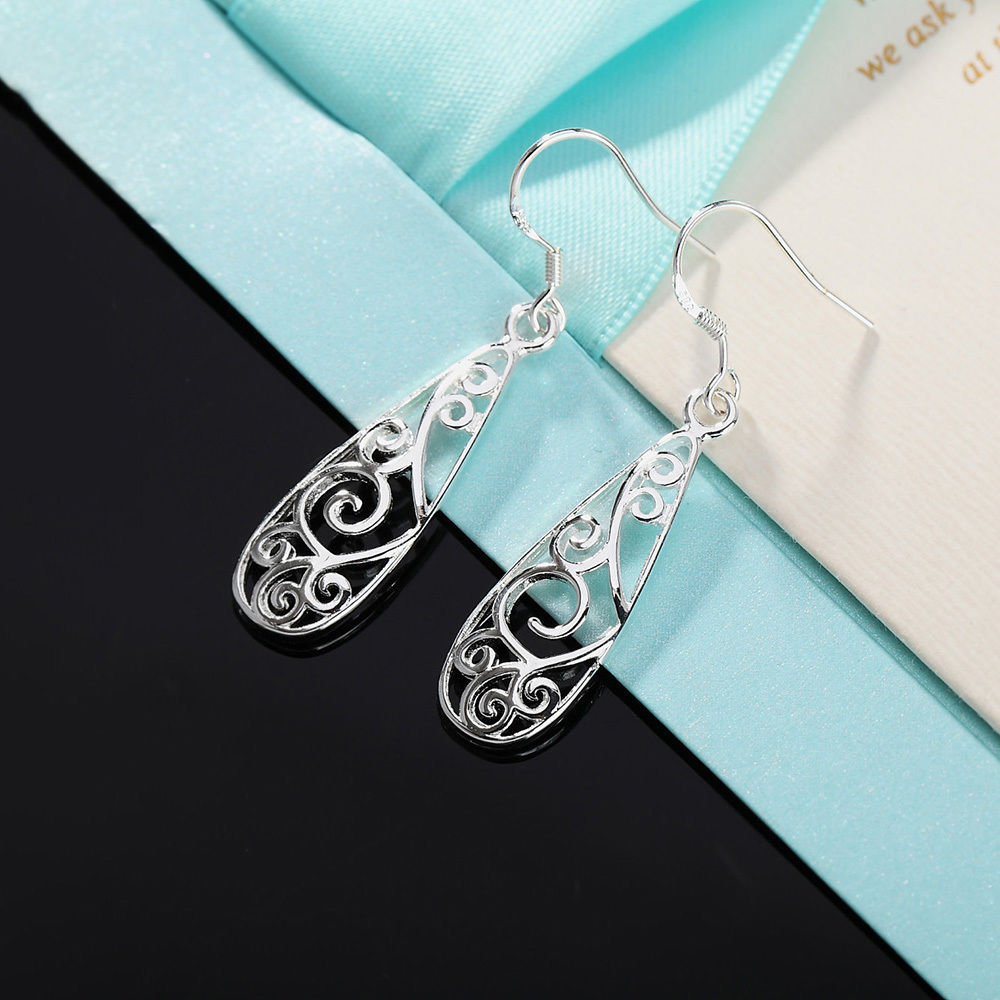 Awesome New Silver Plate Openwork Elongated Teardrop Hook Dangle Drop Earrings