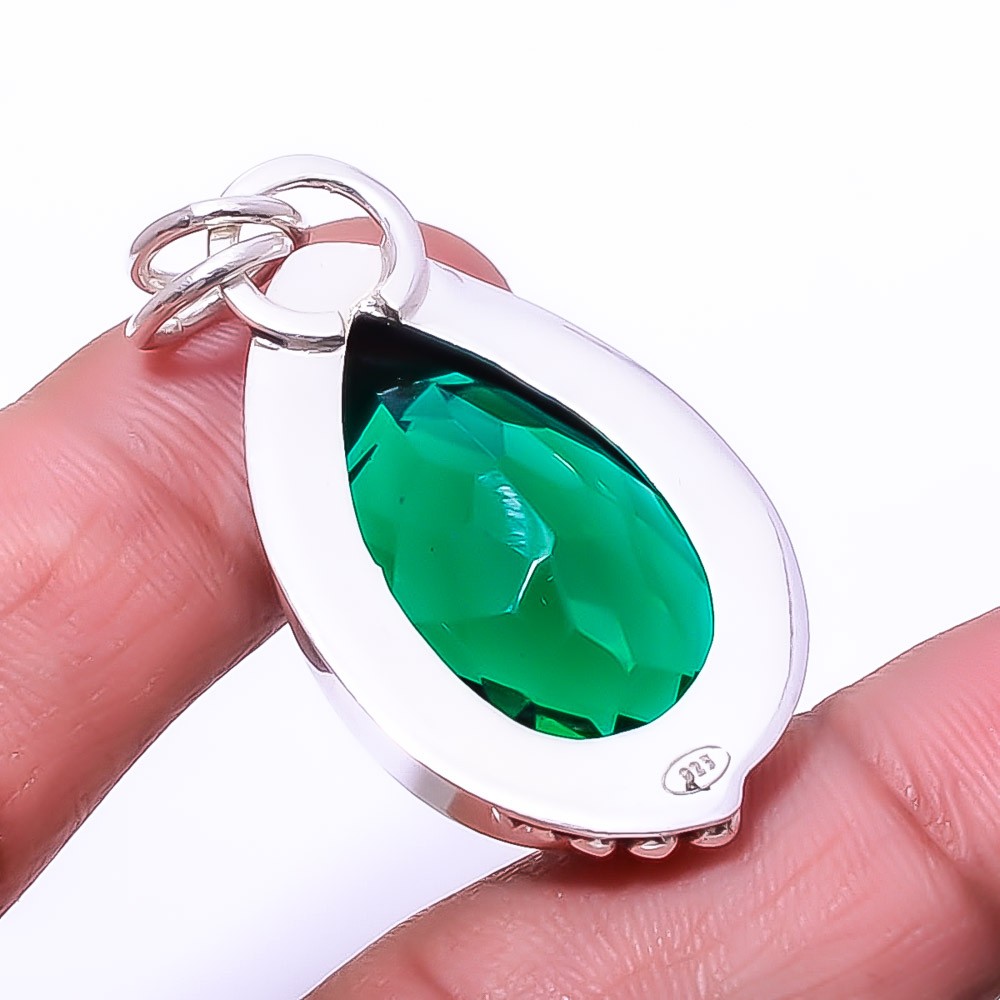 Emerald Simulated 925 Sterling Silver Pendant 1.76″ P6911, Christmas Gift