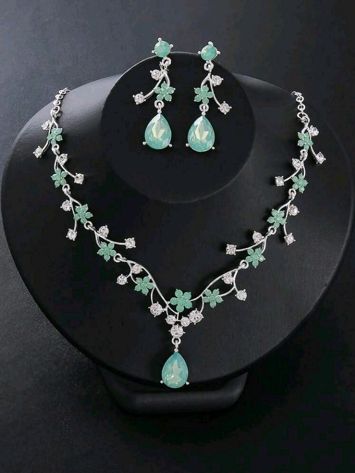 Silver-Plated Zinc Earrings & Necklace With Green & White/Colorless Rhinestones