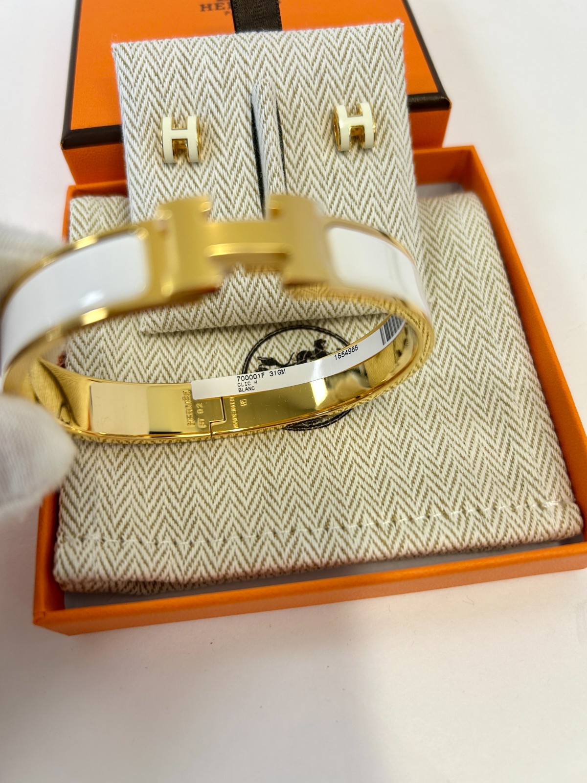 Hermès Mini Pop H Earrings & Clic H Bracelet Blanc White Gold Plated Set NEW
