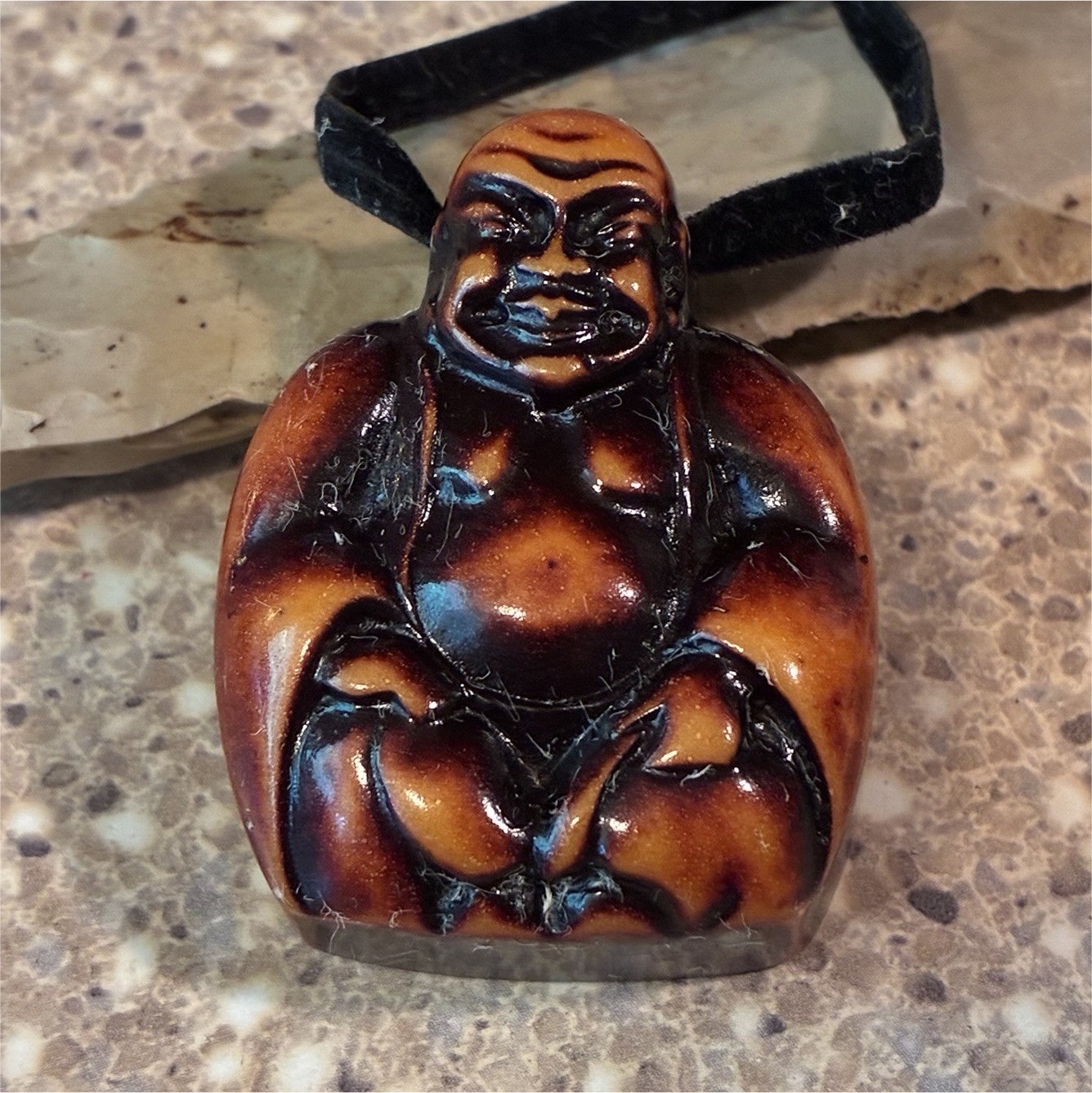 Brown Buddha Bakelite Charm Pendant Necklace, Black Cord Approx. 1.5 in