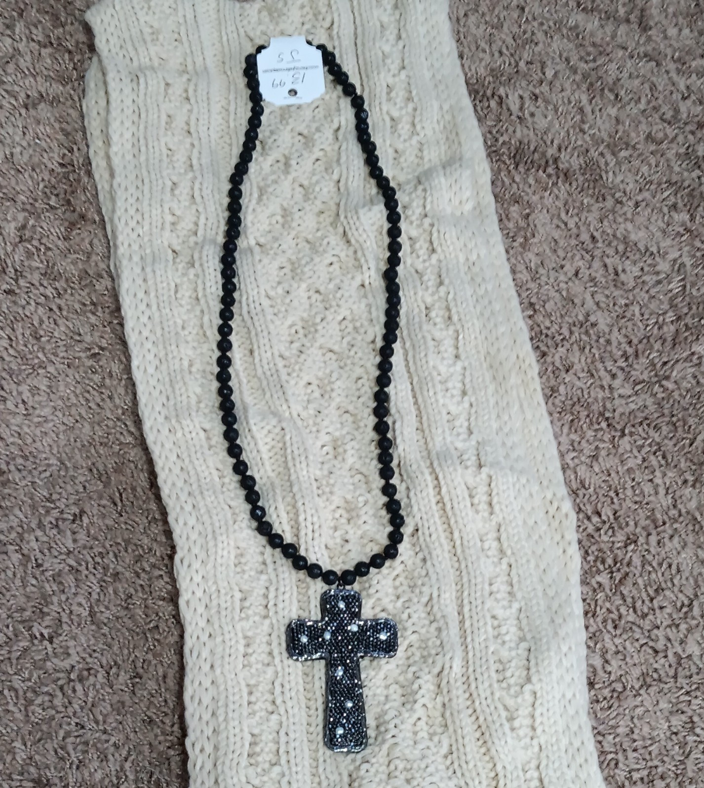 Black Silver Beaded Ball Chain Necklace Cross Charm Pendant Religious