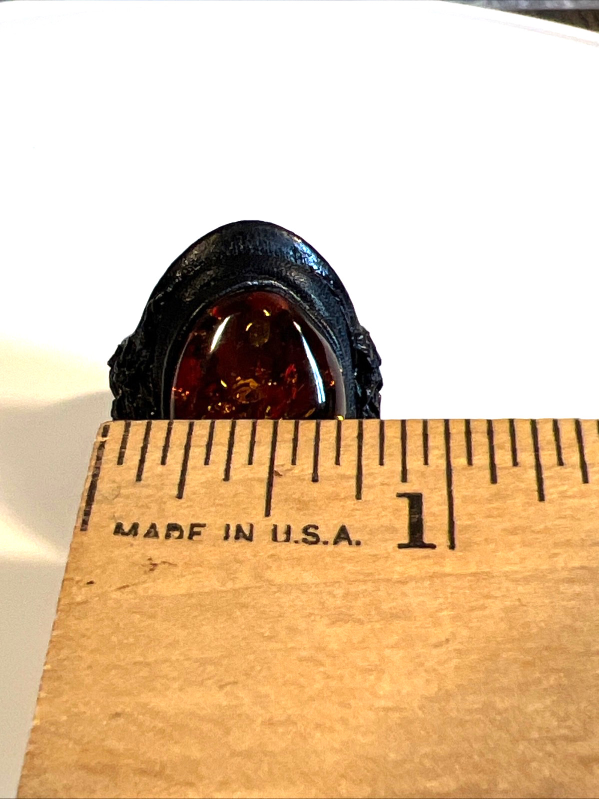 Vintage Baltic Amber Leather Adjustable Ring Distinctive Handcrafted Design 8.5″