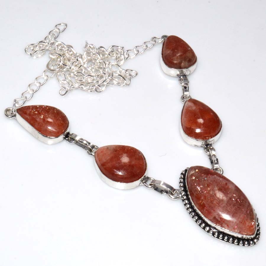 Pretty Sunstone 925 Silver Plated Necklace 18″ Best Seller Design Trendy JW