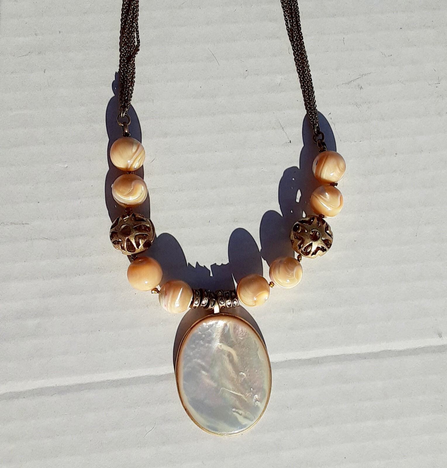 Shell Necklace Boho Jewelry Pendant Filigree Beads Multi Chain Victorian Style