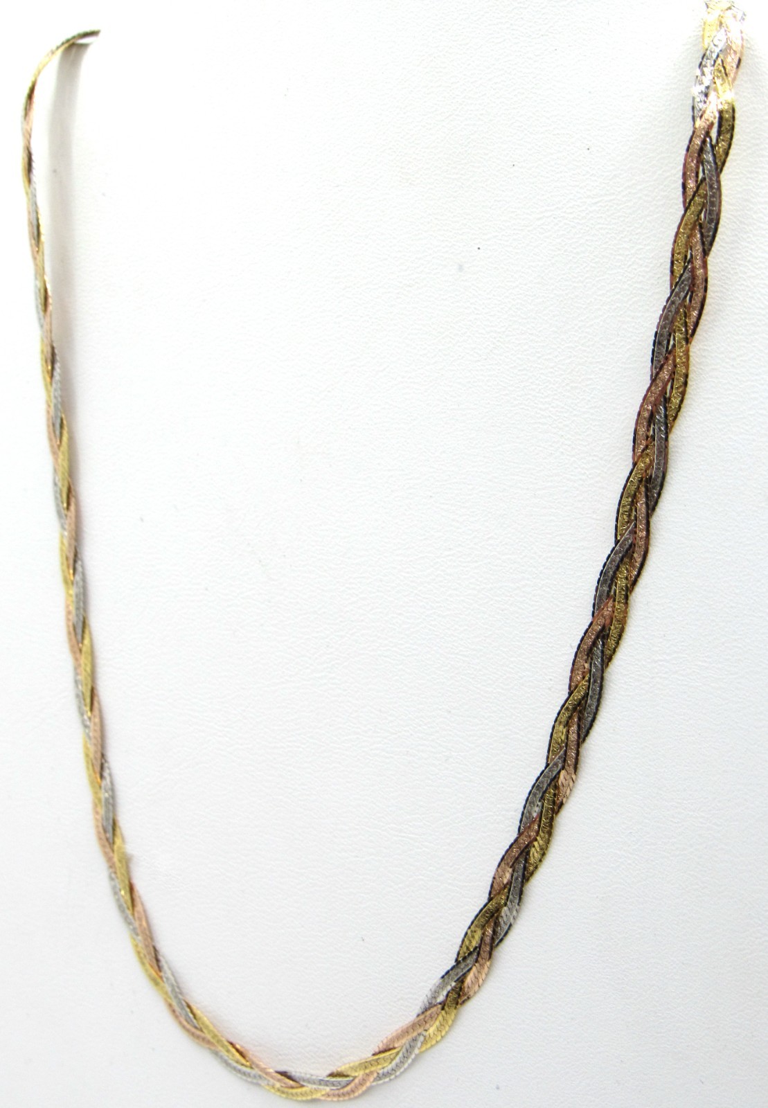 14K TRI-COLORED YELLOW ROSE & WHITE GOLD TWISTED BRAIDED HERRING FLAT NECKACE