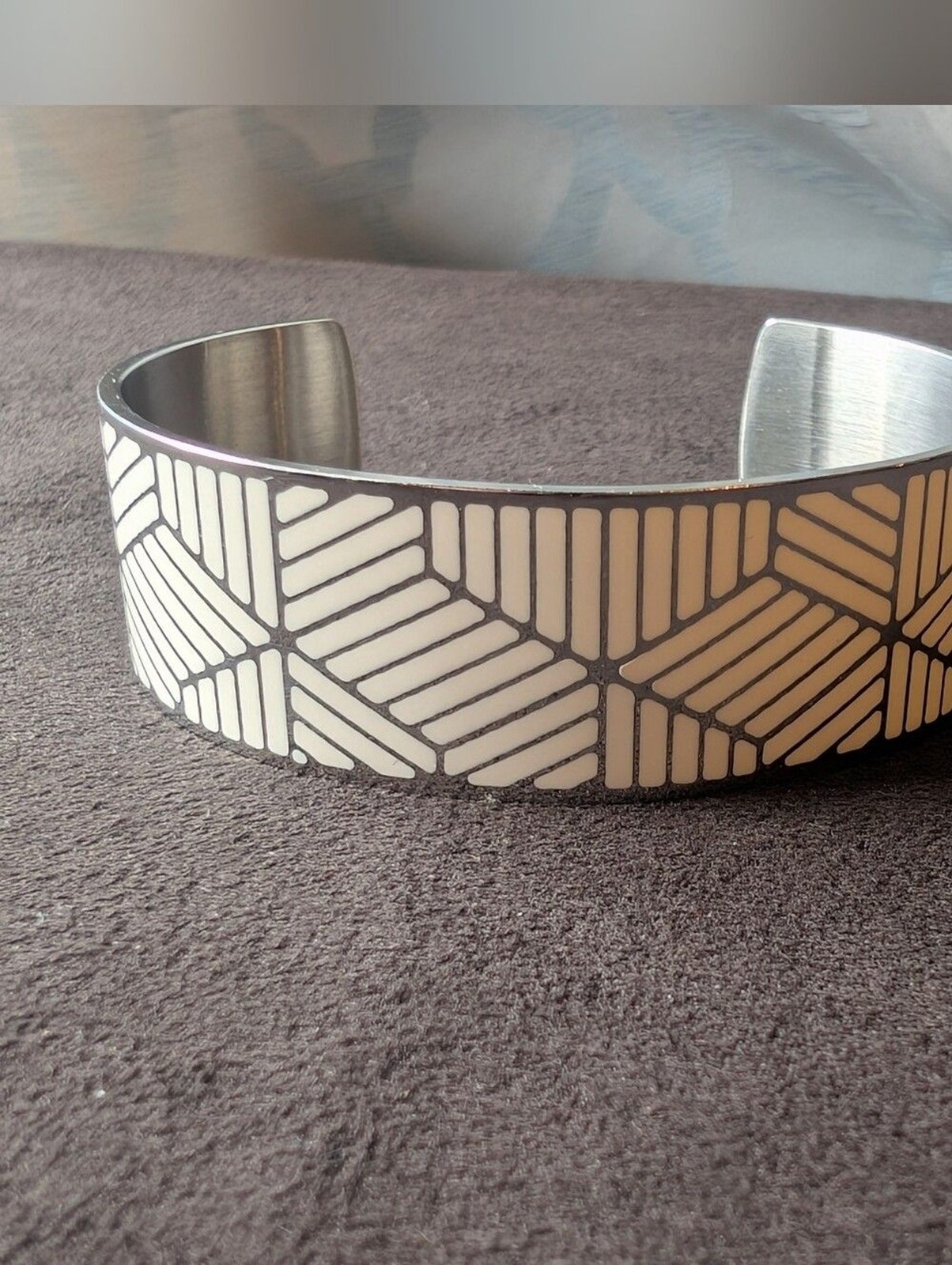 Rustic Cuff “Becca” Silver & White Geometric Enamel Cuff Bracelet