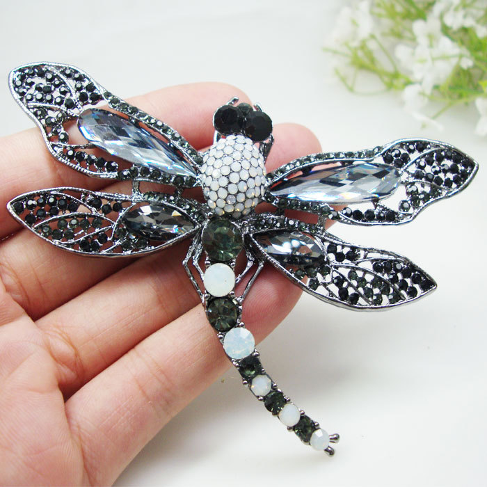 Vintage Black Dragonfly Bird Brooch Pin Pendant Rhinestone Crystal Accessories