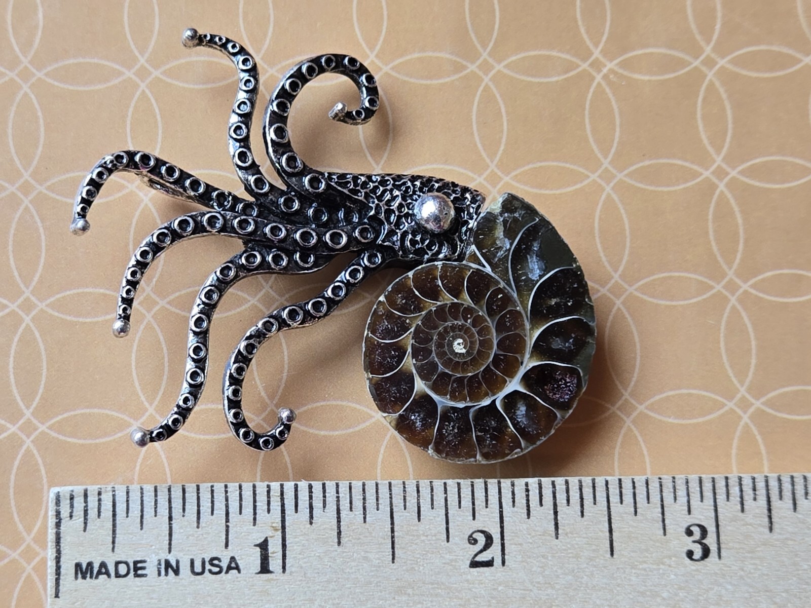 Ammonite Fossil Squid/ Octopus/ Kraken Pendant Brooch 20″ 316L Stainless Chain
