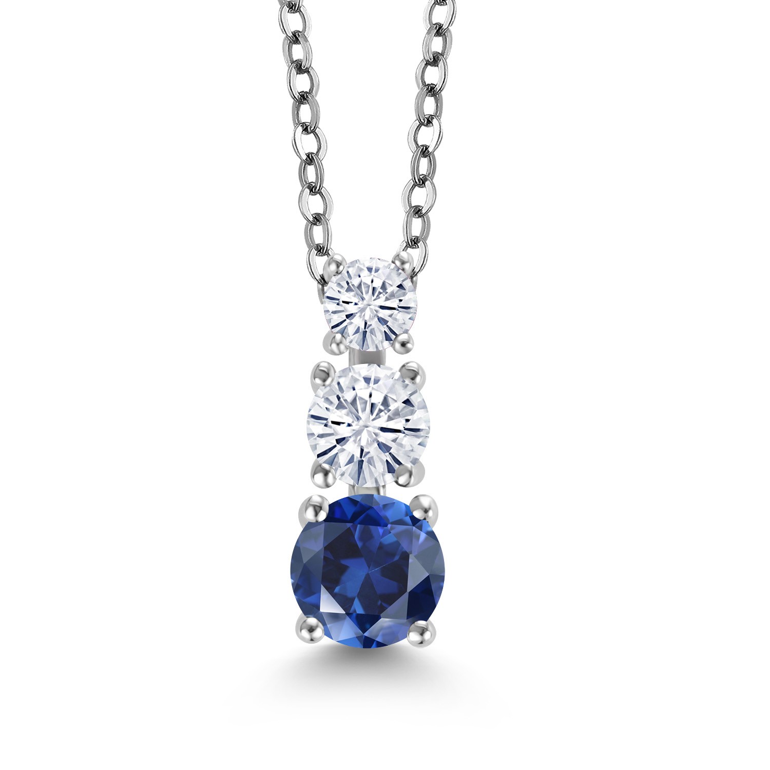 Rhodium Plated 3 Stone Pendant for Women & Chain Created Sapphire Moissanite