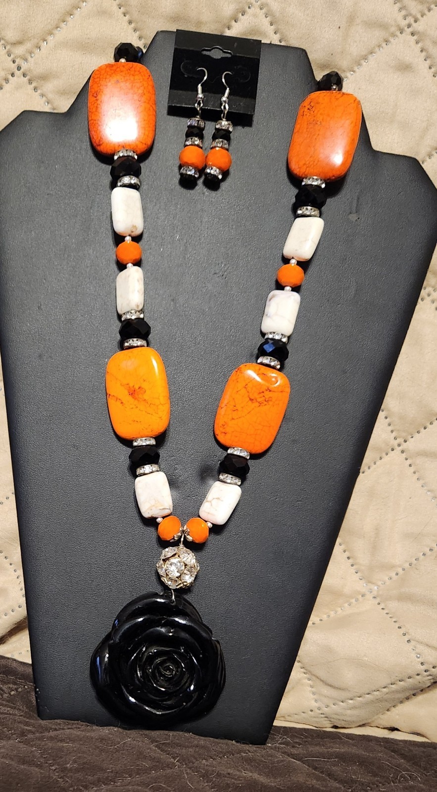 Women’s Orange White & Black Bead Necklace With Black Rose Pendant & Earrings