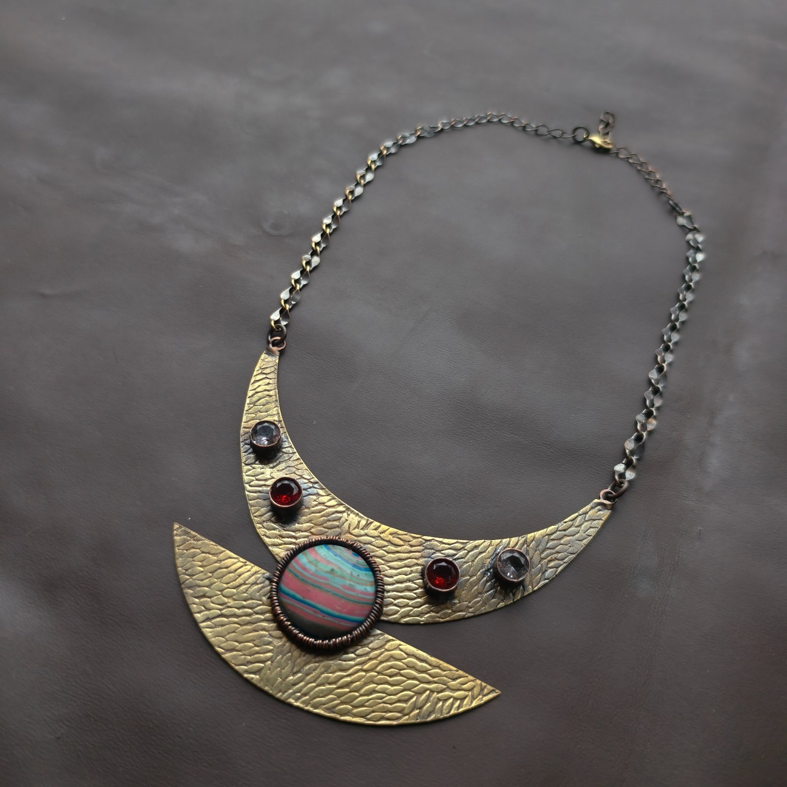Handmade Copper Wire Wrapped Statement Necklace, Colorful Patterned Necklace