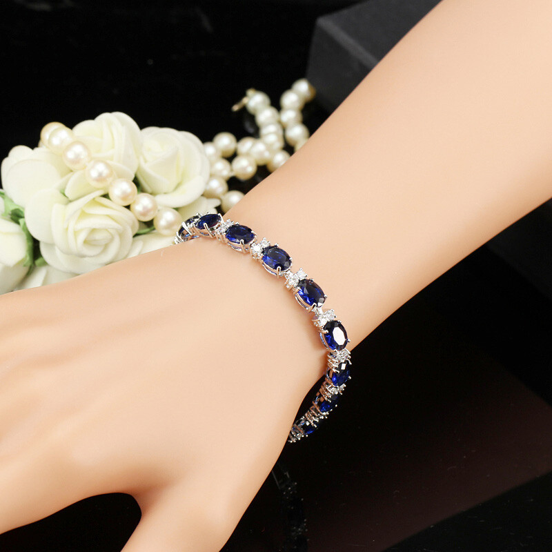 Silver Plated Fashion CZ Tennis Chain Bracelet Blue Crystal Bangles for Women